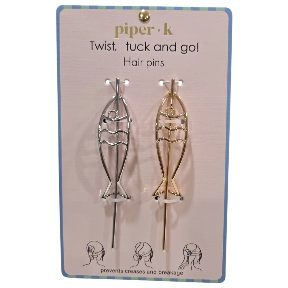 💛▪️Piper K▪️ Silver and Gold  Fish- Shaped Set Of 2 Twist Tuck N Go Hair Pins